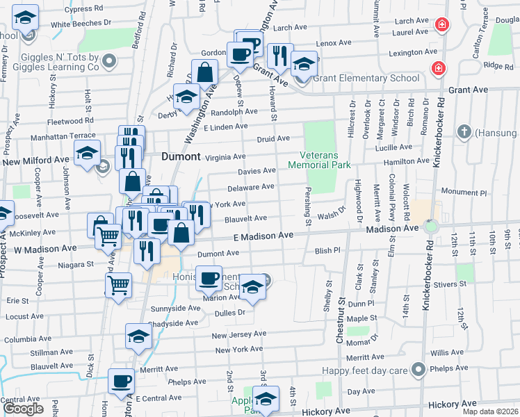 map of restaurants, bars, coffee shops, grocery stores, and more near 146 New York Avenue in Dumont