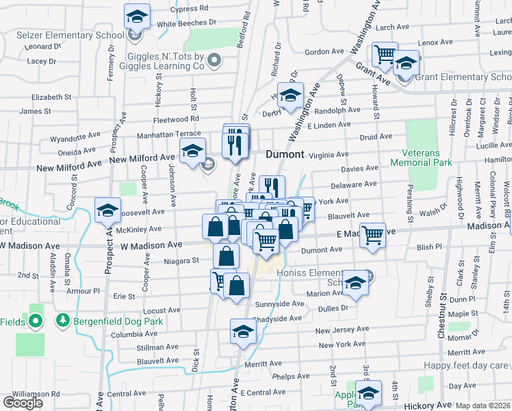 map of restaurants, bars, coffee shops, grocery stores, and more near 214 Washington Avenue in Dumont