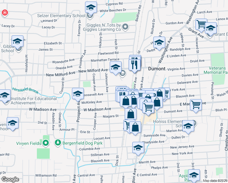map of restaurants, bars, coffee shops, grocery stores, and more near 39 Dixon Avenue in Dumont