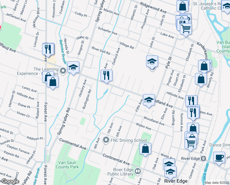 map of restaurants, bars, coffee shops, grocery stores, and more near 368 East Midland Avenue in Paramus