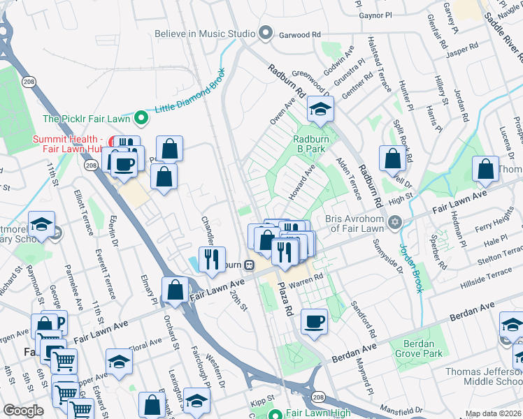 map of restaurants, bars, coffee shops, grocery stores, and more near 4 Brighton Place in Fair Lawn