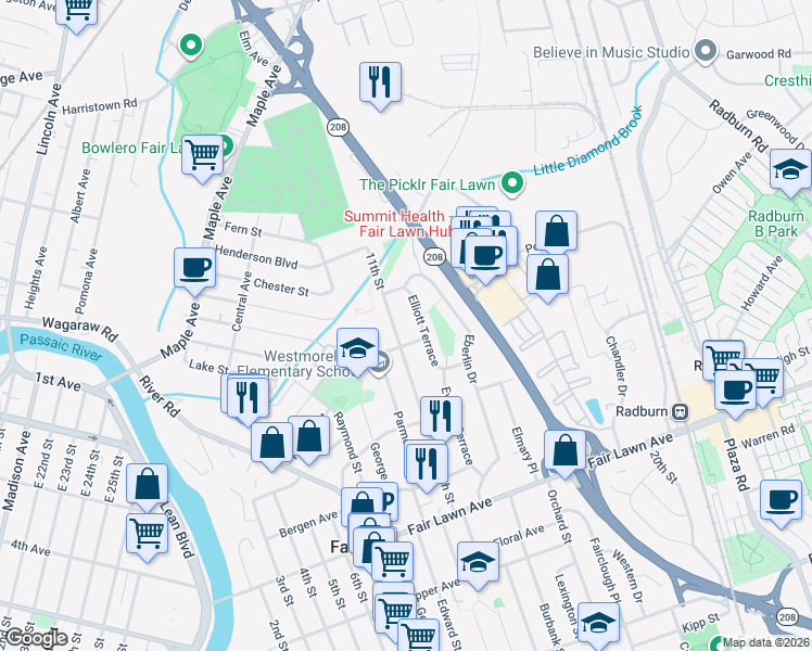 map of restaurants, bars, coffee shops, grocery stores, and more near 17-31 11th Street in Fair Lawn