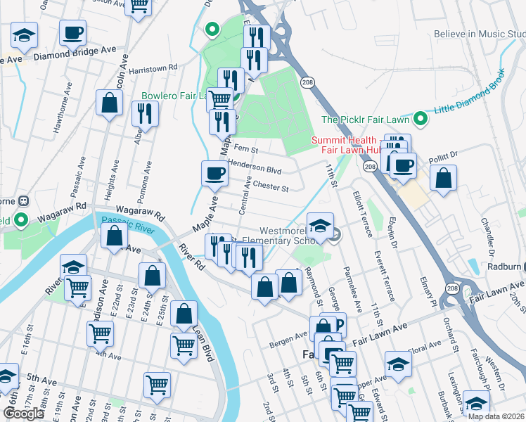 map of restaurants, bars, coffee shops, grocery stores, and more near 8-32 Forest Street in Fair Lawn