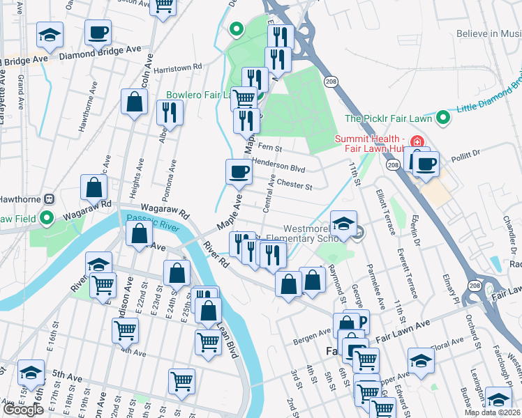 map of restaurants, bars, coffee shops, grocery stores, and more near 7-36 Forest Street in Fair Lawn