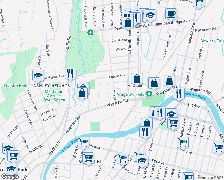 map of restaurants, bars, coffee shops, grocery stores, and more near 146 Elberon Avenue in Hawthorne