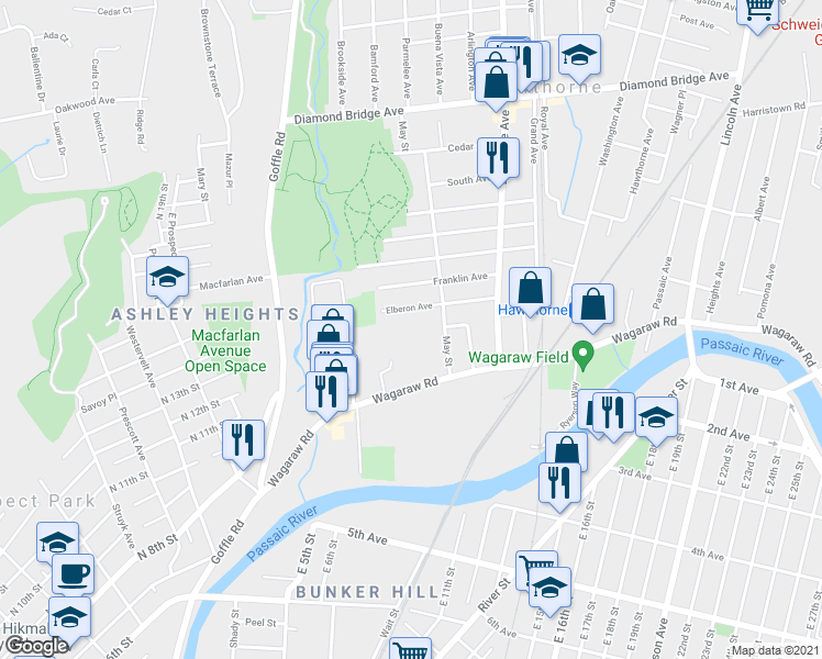 map of restaurants, bars, coffee shops, grocery stores, and more near 146 Elberon Avenue in Hawthorne