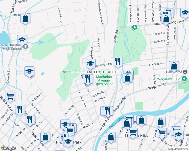 map of restaurants, bars, coffee shops, grocery stores, and more near 79 North 15th Street in Hawthorne