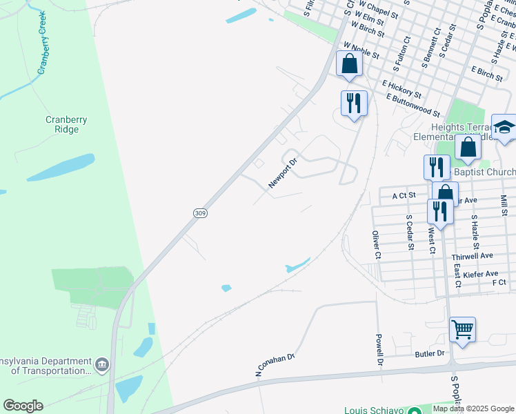 map of restaurants, bars, coffee shops, grocery stores, and more near 3 Newport Drive in Hazleton