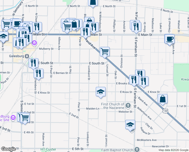map of restaurants, bars, coffee shops, grocery stores, and more near 1189 East Berrien Street in Galesburg