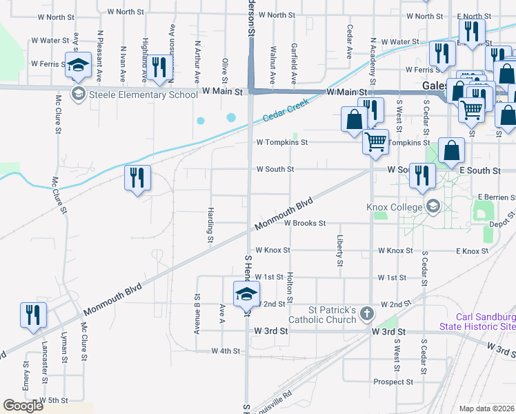 map of restaurants, bars, coffee shops, grocery stores, and more near 685-771 West Berrien Street in Galesburg