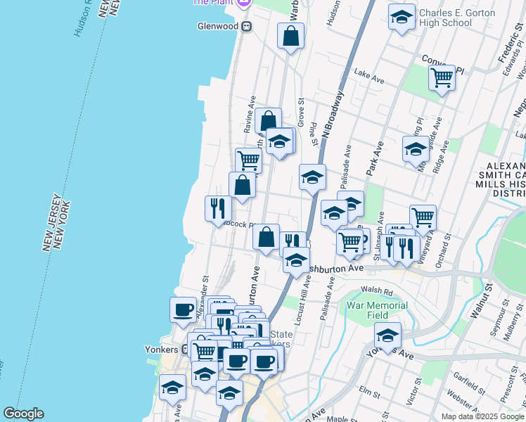 map of restaurants, bars, coffee shops, grocery stores, and more near 199 Warburton Avenue in Yonkers