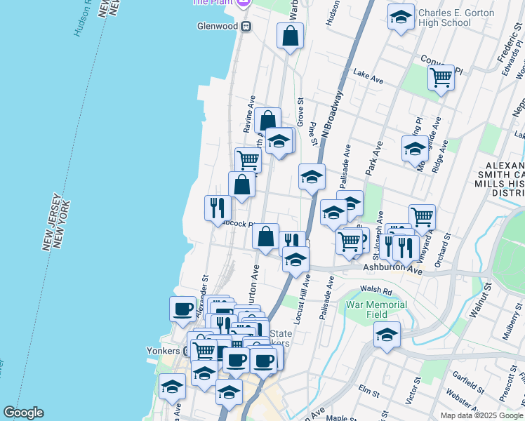 map of restaurants, bars, coffee shops, grocery stores, and more near 199 Warburton Avenue in Yonkers