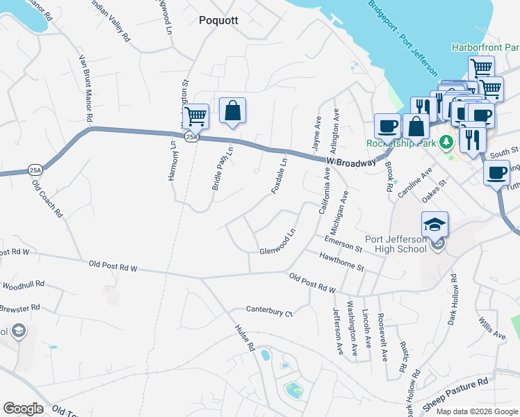 map of restaurants, bars, coffee shops, grocery stores, and more near 121 Foxdale Lane in Port Jefferson