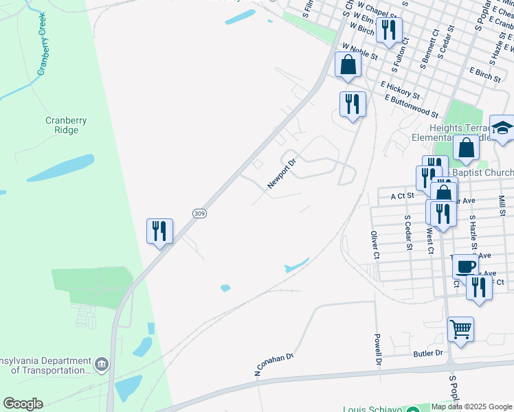 map of restaurants, bars, coffee shops, grocery stores, and more near 3 Newport Drive in Hazleton