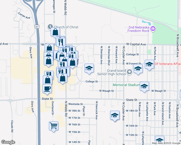 map of restaurants, bars, coffee shops, grocery stores, and more near 3022 College Street in Grand Island