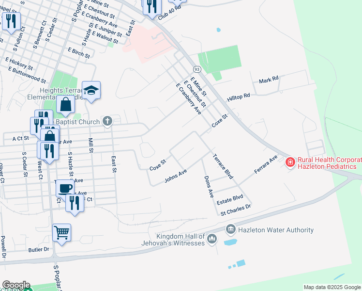 map of restaurants, bars, coffee shops, grocery stores, and more near 117 Coxe Street in Hazleton