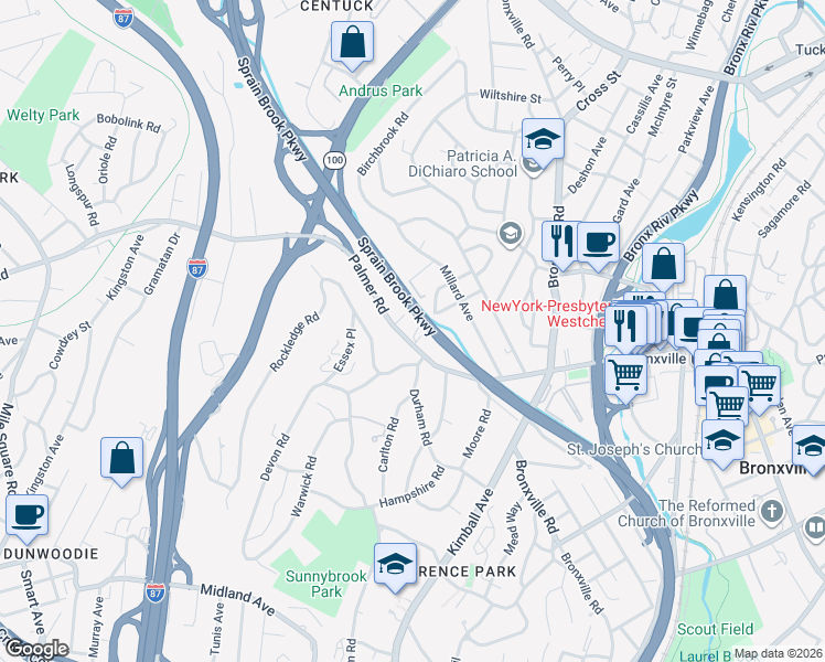 map of restaurants, bars, coffee shops, grocery stores, and more near 781 Palmer Road in Yonkers