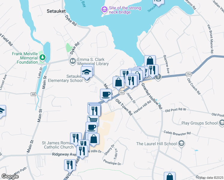 map of restaurants, bars, coffee shops, grocery stores, and more near 146 Main Street in Setauket- East Setauket