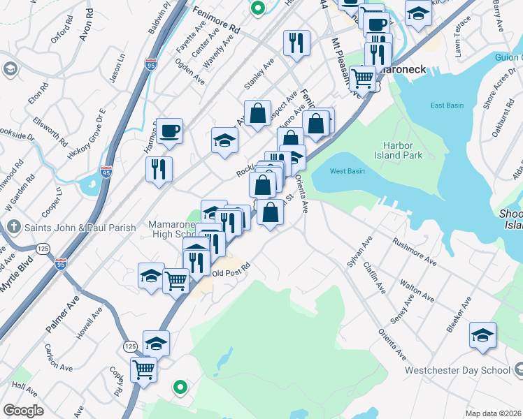 map of restaurants, bars, coffee shops, grocery stores, and more near 803 Hall Street in Mamaroneck