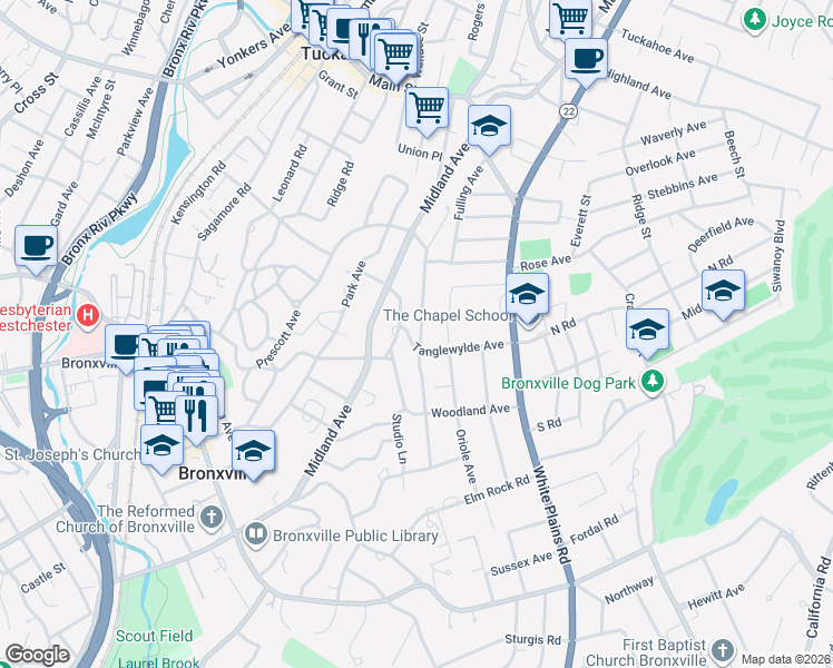 map of restaurants, bars, coffee shops, grocery stores, and more near 52 Summit Avenue in Bronxville