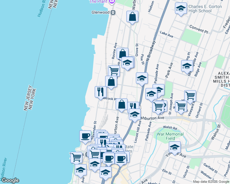 map of restaurants, bars, coffee shops, grocery stores, and more near 143 Woodworth Avenue in Yonkers