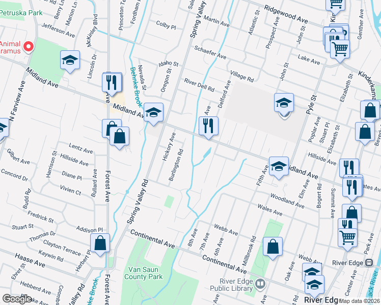map of restaurants, bars, coffee shops, grocery stores, and more near 412 Burlington Road in Paramus