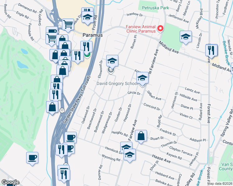map of restaurants, bars, coffee shops, grocery stores, and more near 325 Maplewood Drive in Paramus