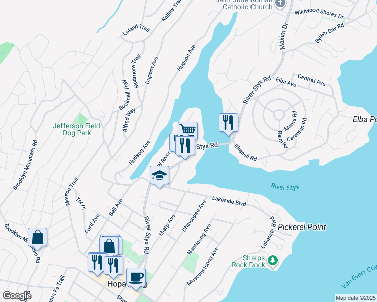map of restaurants, bars, coffee shops, grocery stores, and more near 462 River Styx Road in Hopatcong
