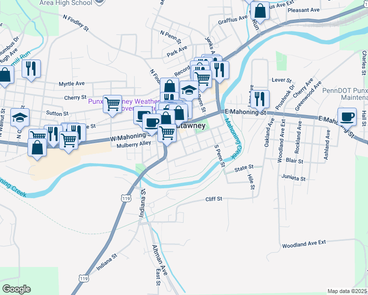map of restaurants, bars, coffee shops, grocery stores, and more near 248 South Findley Street in Punxsutawney