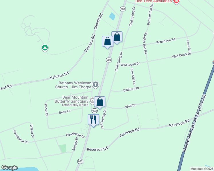 map of restaurants, bars, coffee shops, grocery stores, and more near 282 Cold Spring Dr in Jim Thorpe