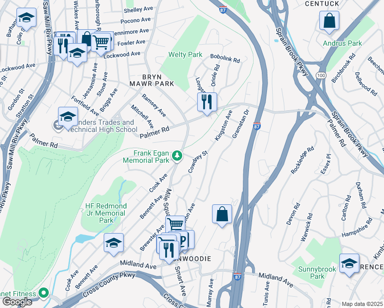 map of restaurants, bars, coffee shops, grocery stores, and more near 19 Little John Place in Yonkers