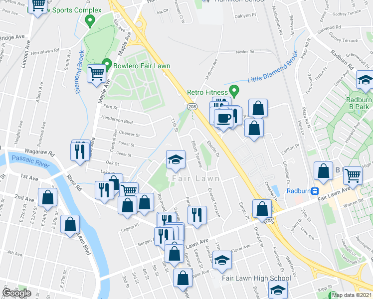 map of restaurants, bars, coffee shops, grocery stores, and more near 17-19 11th Street in Fair Lawn