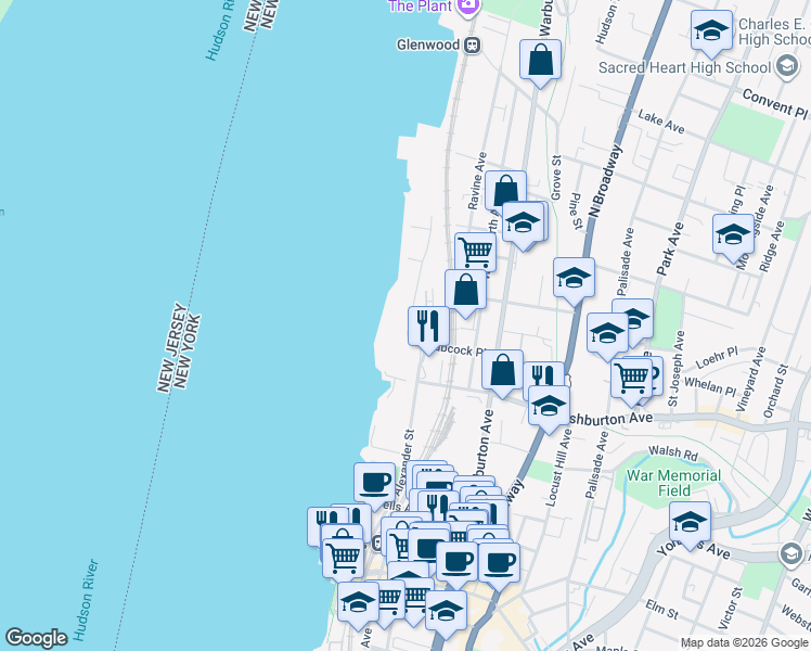 map of restaurants, bars, coffee shops, grocery stores, and more near 15 Babcock Place in Yonkers