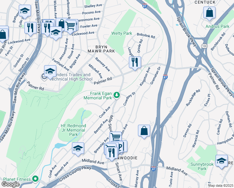 map of restaurants, bars, coffee shops, grocery stores, and more near 311 Mile Square Road in Yonkers