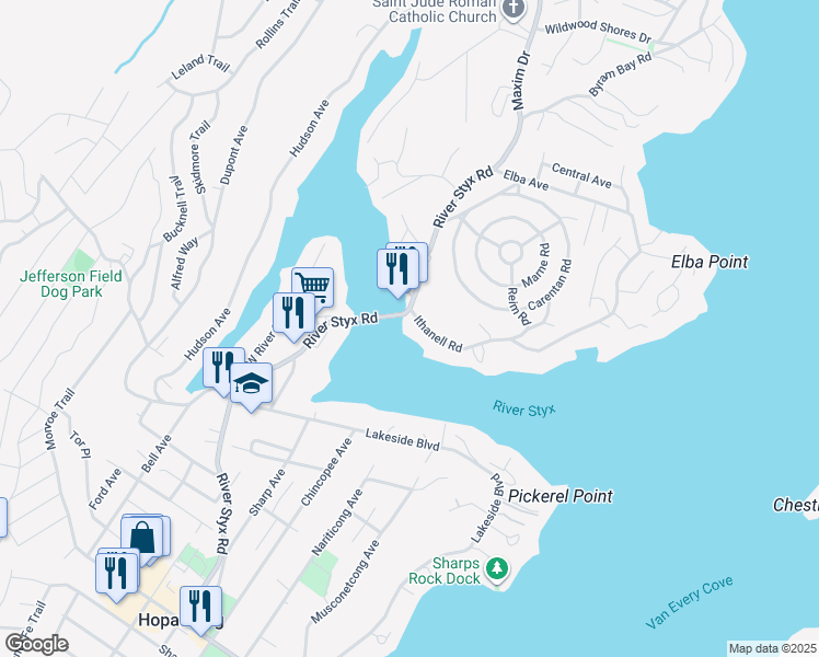 map of restaurants, bars, coffee shops, grocery stores, and more near 465 River Styx Road in Hopatcong
