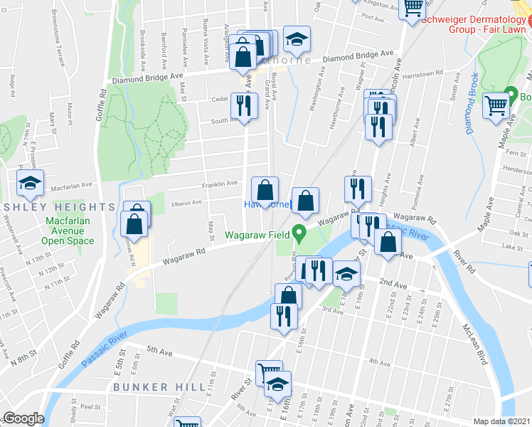 map of restaurants, bars, coffee shops, grocery stores, and more near 10 Washington Street in Hawthorne