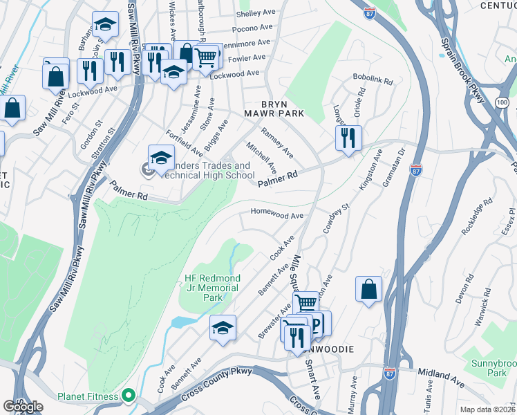 map of restaurants, bars, coffee shops, grocery stores, and more near 70 Homewood Avenue in Yonkers