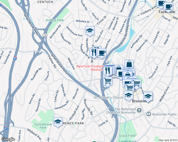 map of restaurants, bars, coffee shops, grocery stores, and more near 3 Merriam Place in Bronxville
