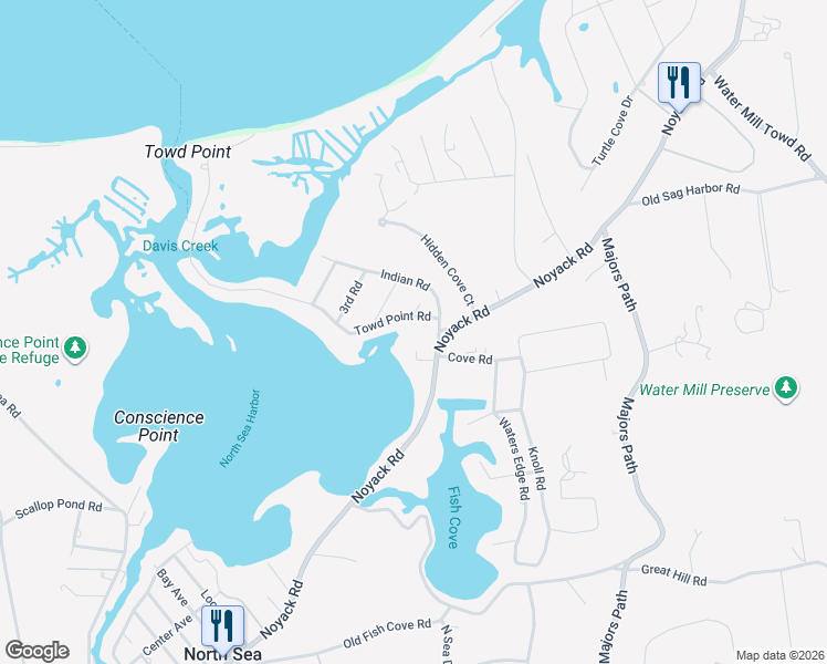 map of restaurants, bars, coffee shops, grocery stores, and more near 40 Towd Point Road in Southampton