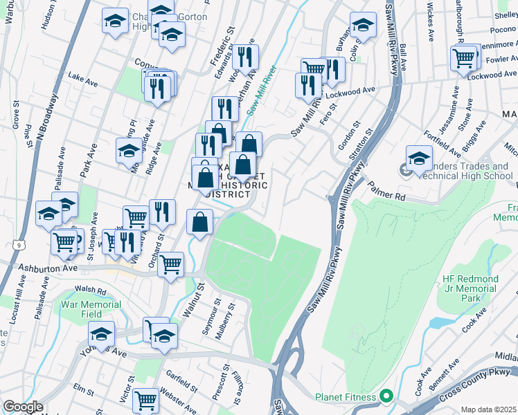 map of restaurants, bars, coffee shops, grocery stores, and more near 137 New York 9A in Yonkers