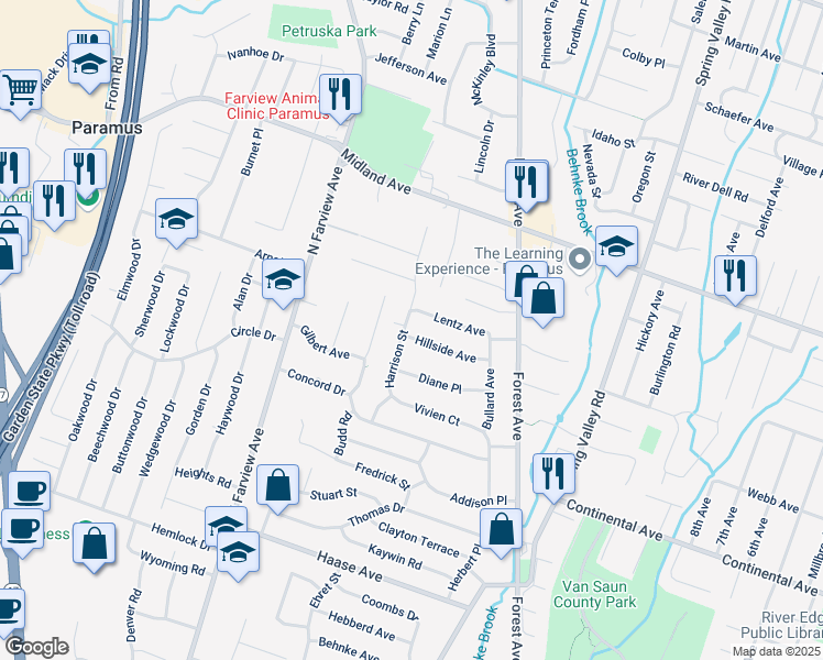 map of restaurants, bars, coffee shops, grocery stores, and more near 372 Harrison Street in Paramus