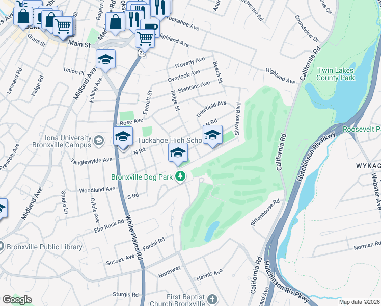 map of restaurants, bars, coffee shops, grocery stores, and more near 59 Middle Road in Eastchester