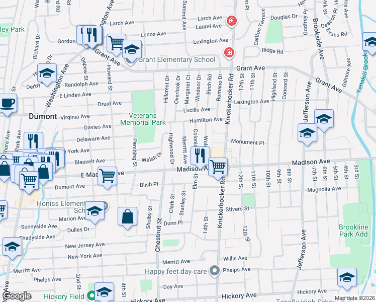 map of restaurants, bars, coffee shops, grocery stores, and more near 35 Merritt Avenue in Dumont
