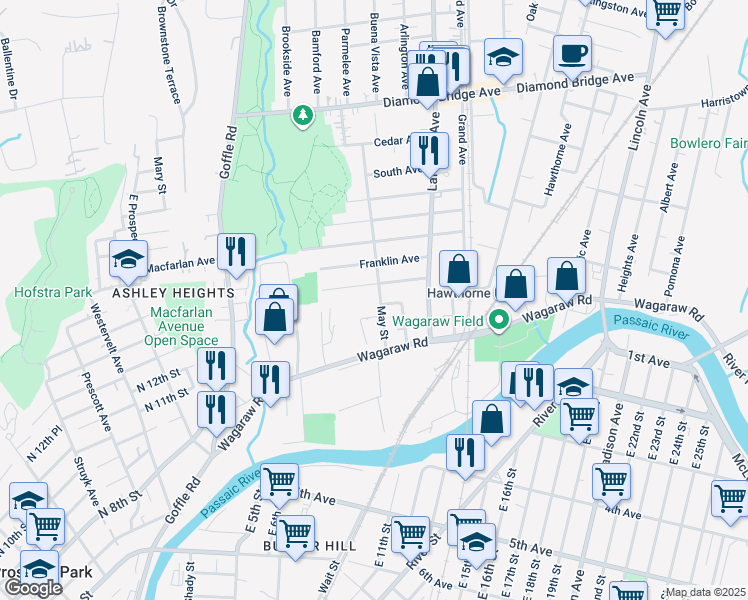 map of restaurants, bars, coffee shops, grocery stores, and more near 50 May Street in Hawthorne