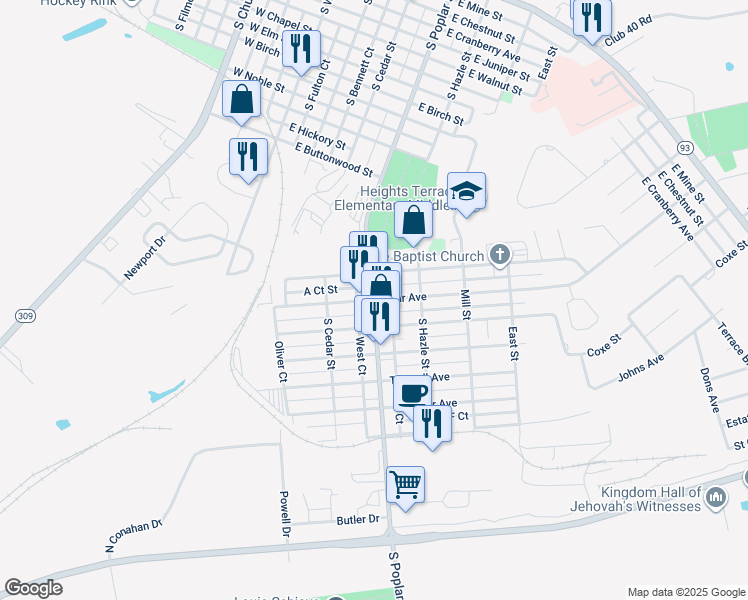map of restaurants, bars, coffee shops, grocery stores, and more near 299 Muir Avenue in Hazleton