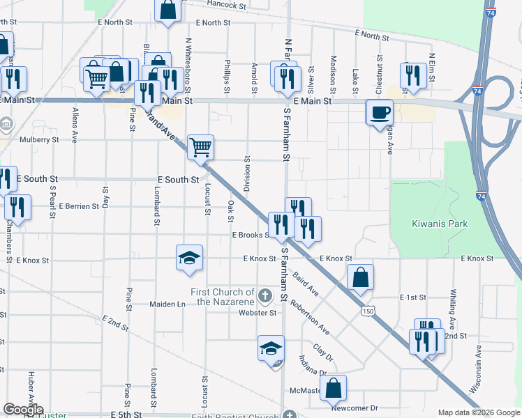 map of restaurants, bars, coffee shops, grocery stores, and more near 1497 Grand Avenue in Galesburg