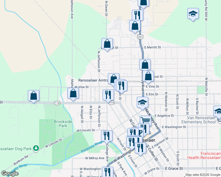 map of restaurants, bars, coffee shops, grocery stores, and more near 137 West Vine Street in Rensselaer