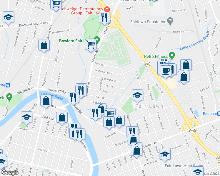 map of restaurants, bars, coffee shops, grocery stores, and more near 8-32 Forest Street in Fair Lawn