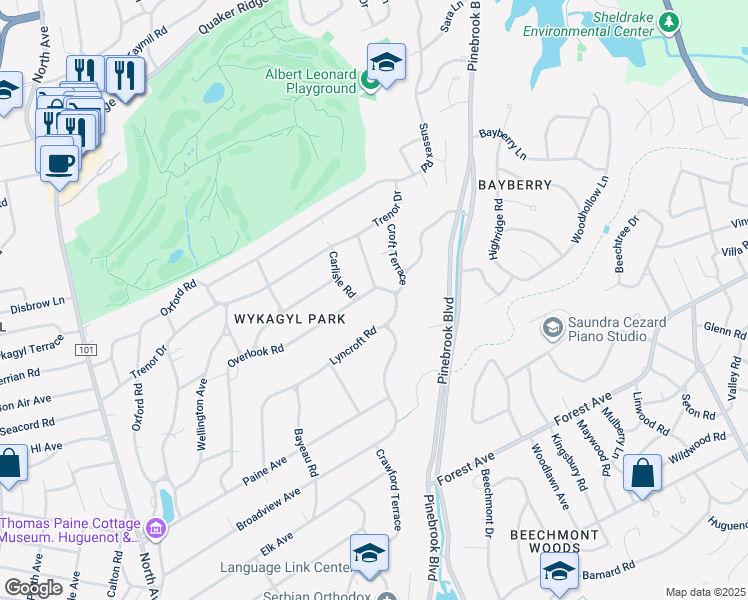 map of restaurants, bars, coffee shops, grocery stores, and more near 285 Overlook Road in New Rochelle