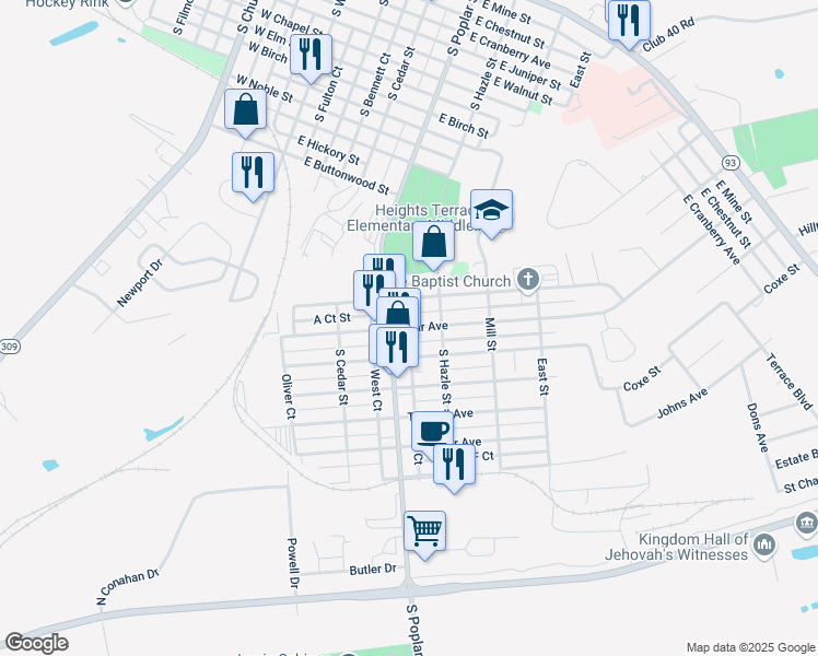 map of restaurants, bars, coffee shops, grocery stores, and more near 319 Muir Avenue in Hazleton